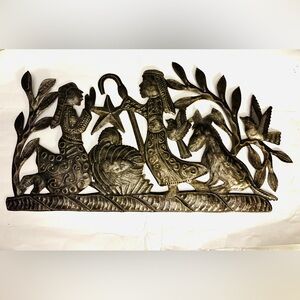 Haitian Recycled Metal Nativity Scene, Handmade Steel Wall Art Signed James
